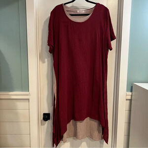 Anysize Burgundy & Tan Linen Cotton Gauze Lagenlook‎ Layered Dress. OS.
